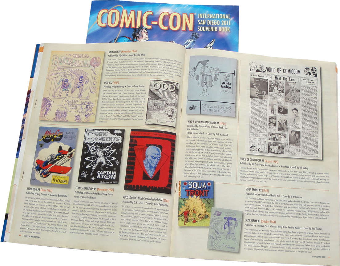 John G. Fantucchio's Deadman cover is reproduced towards the bottom-center of the image. 2011 Comic-Con Souvenir Program Pg 40-41 featuring John Fantucchio RBCC 57 cover reproduction!